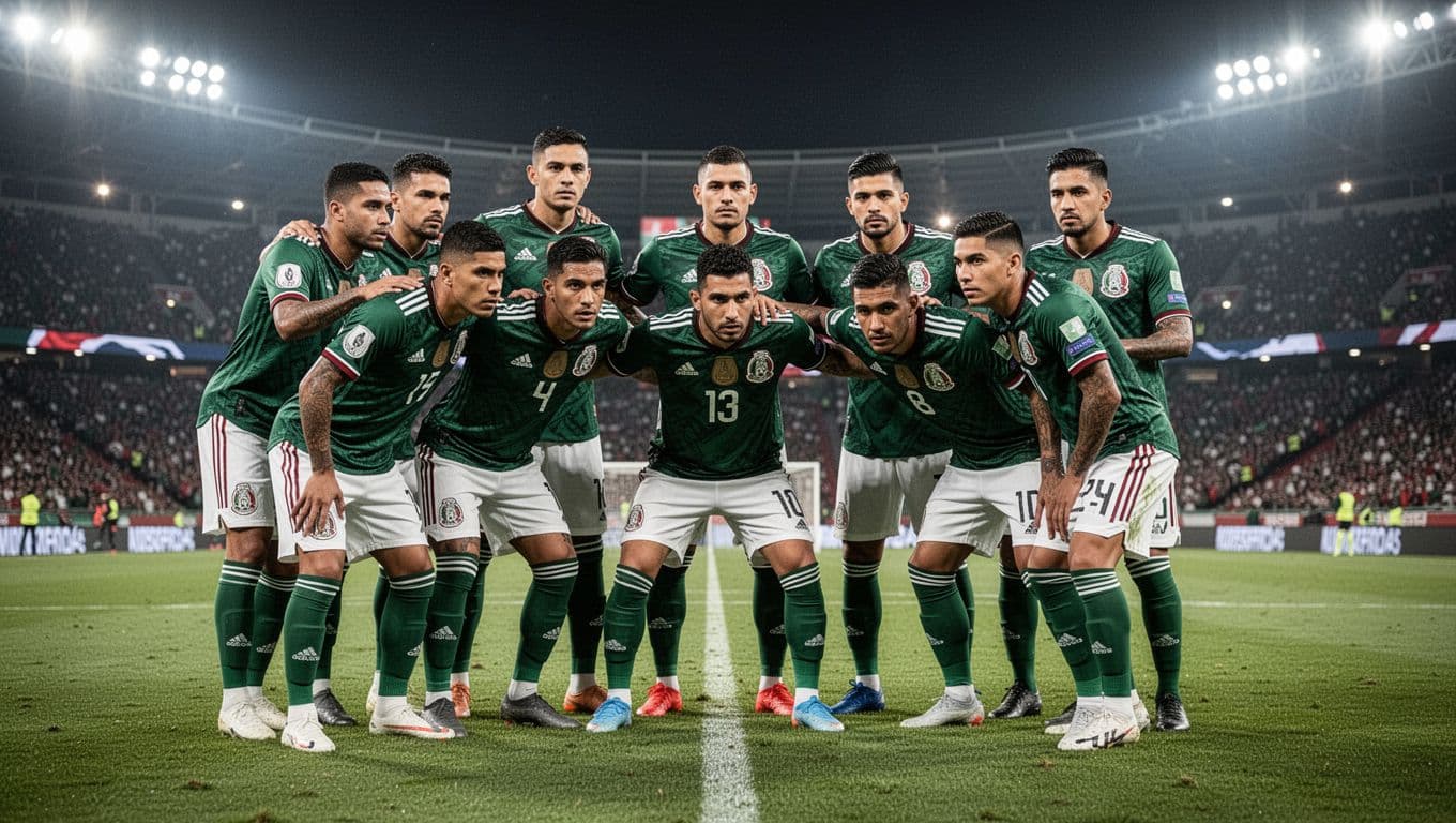 Players in green jerseys stand in a disciplined defensive formation on the grassy pitch. Bright stadium floodlights illuminate the night match while the squad maintains tight spacing to prevent enemy scoring.