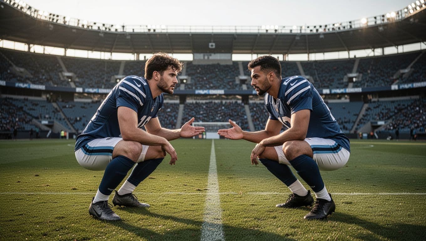 Dua pemain sepak bola dari tim berbeda sedang beradu taktik di lapangan tengah stadion, sudut pandang lebar, atmosfer pertandingan serius dan intens, pencahayaan alami stadion sore hari, gaya fotografi jurnalis olahraga profesional, fokus tajam pada interaksi pemain, tidak ada teks, tidak ada logo.