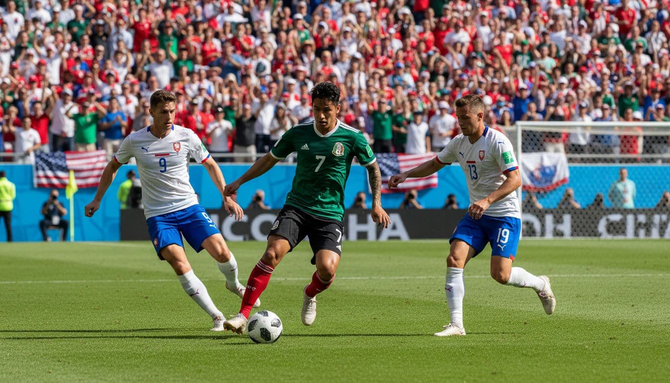 A Mexican national football team player dribbles the ball past two Czech Republic defenders during a dynamic World Cup match in a packed stadium with American fans under daytime lighting on a green field.
