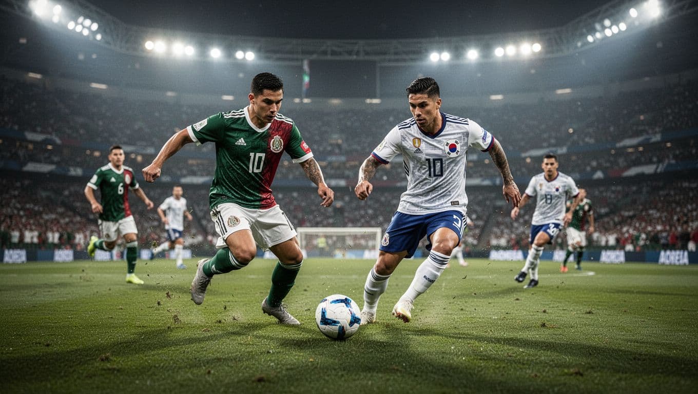 Players in green and red jerseys sprint across a vibrant grass pitch during a competitive match. Intense stadium lights glow in the blurred background as athletes battle for the ball.