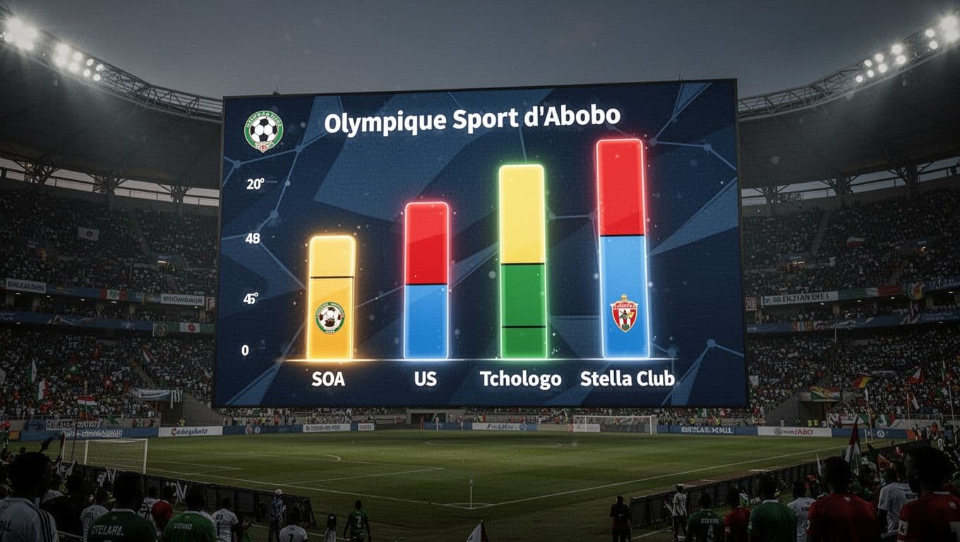 LED screen in dark stadium shows soccer mid-table standings for Olympique Sport d'Abobo, SOA, US Tchologo, and Stella Club with close points.
