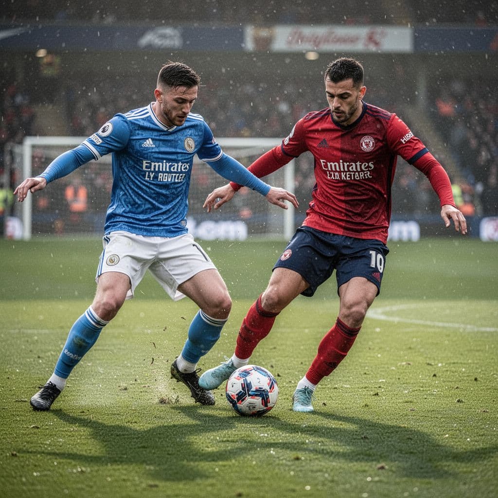 Two soccer players in contrasting kits battle for possession on a wet grass pitch.