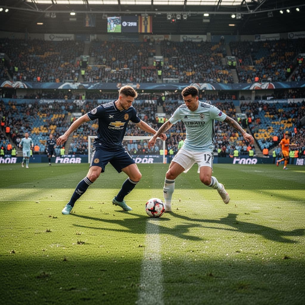 Two football teams compete for ball possession on a sunny pitch in a large stadium.