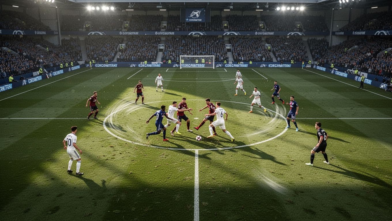 Two soccer teams compete for possession within the center circle of a vast stadium. Players in contrasting jerseys sprint across the grass while tracking the ball during a fast-paced league match.