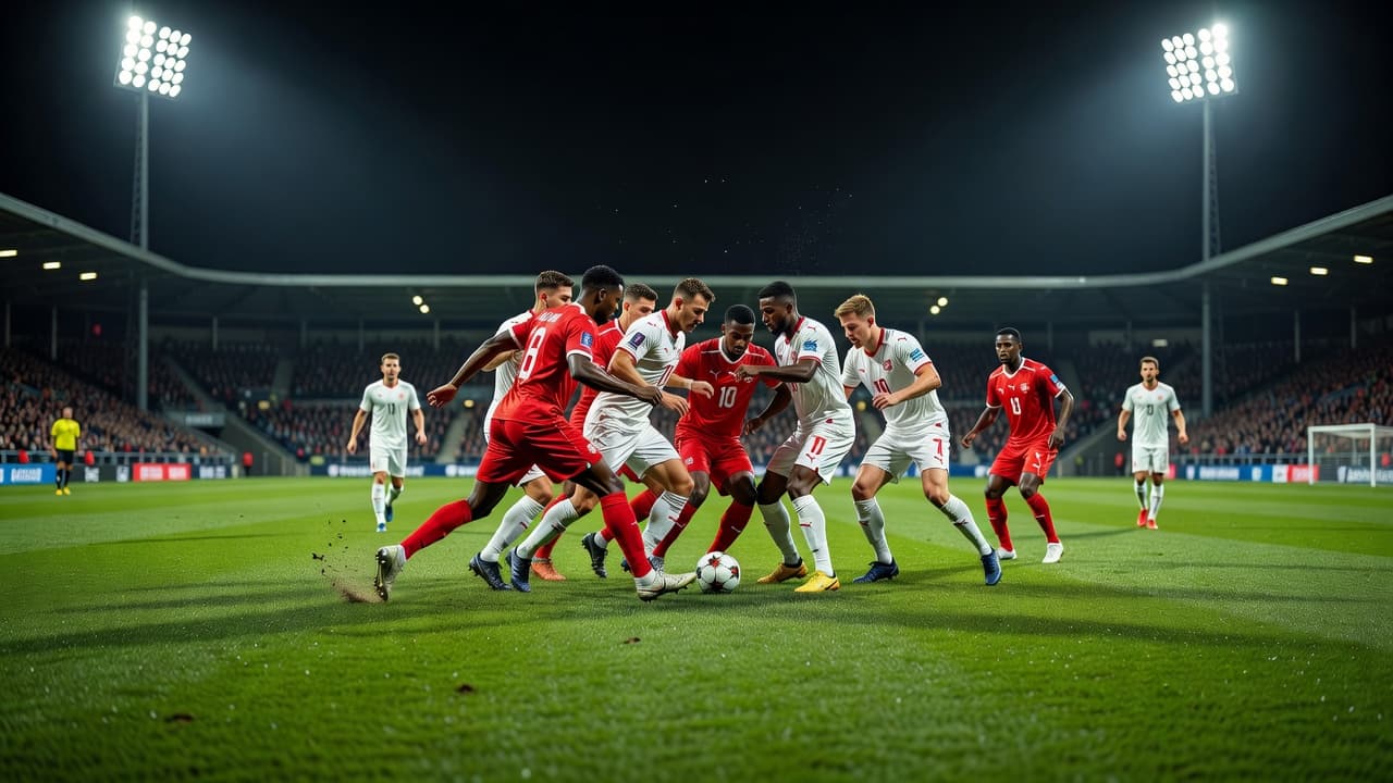 Players clad in red and white jerseys compete for ball possession on a manicured green grass pitch. Powerful stadium floodlights illuminate the nocturnal field while athletes engage in a tactical struggle.