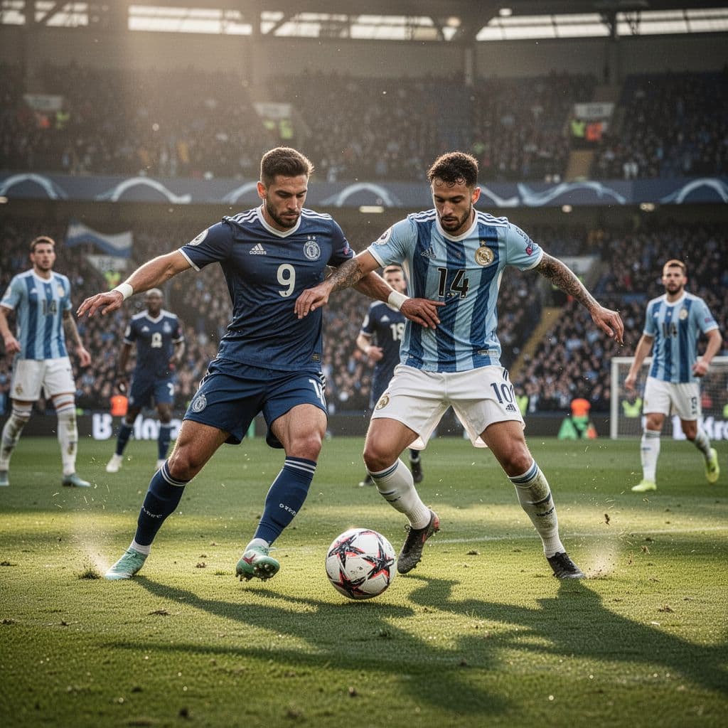 Two football players from opposing teams battle for ball possession on a grass field during a match.