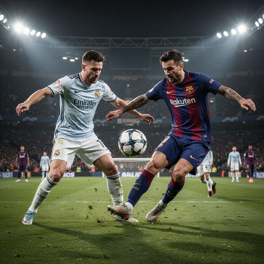 Two athletes in contrasting uniforms compete for ball possession during a high-stakes match. Their athletic bodies are locked in a physical struggle under bright stadium floodlights on a lush green grass.
