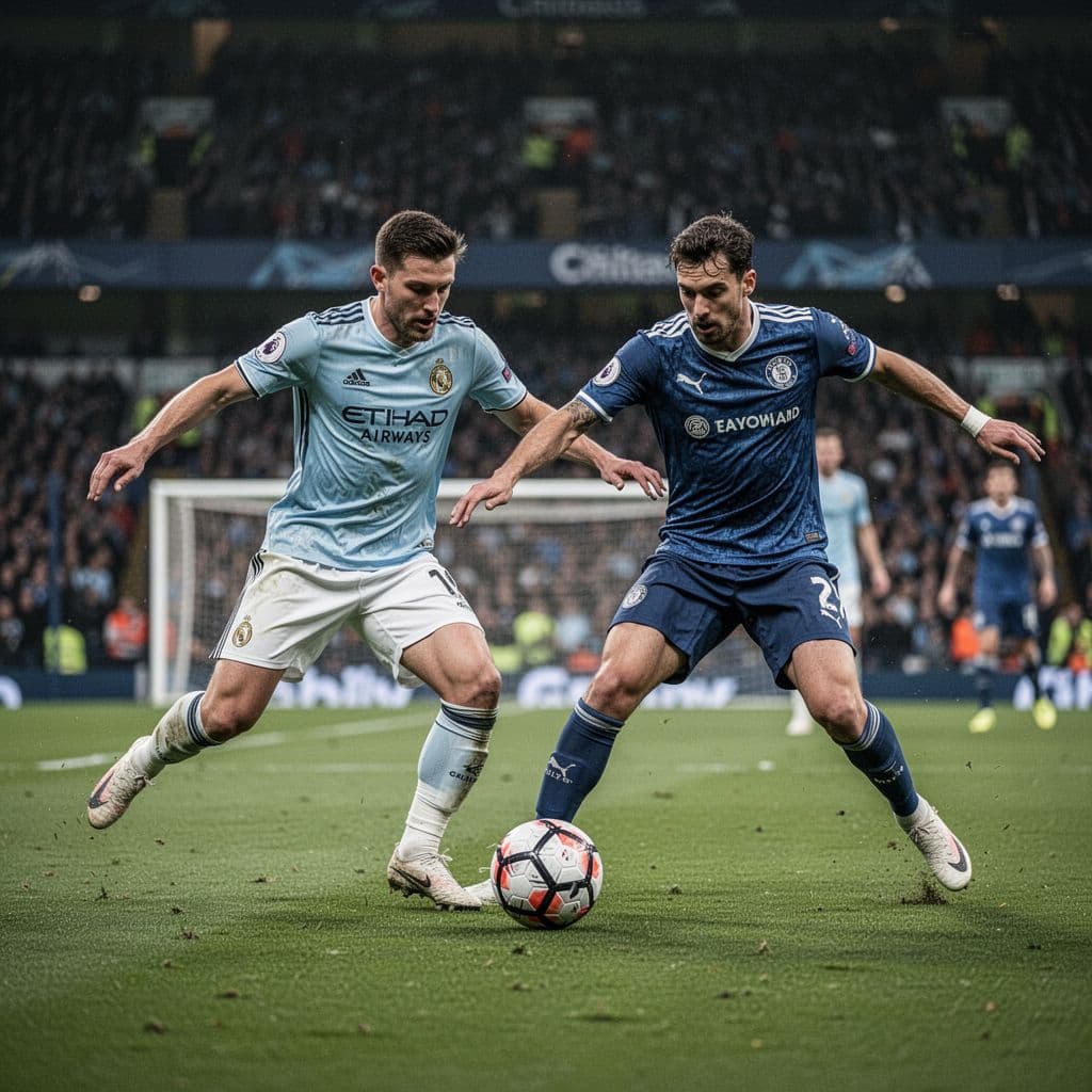 Two professional football players compete for possession of the ball in a stadium midfield.