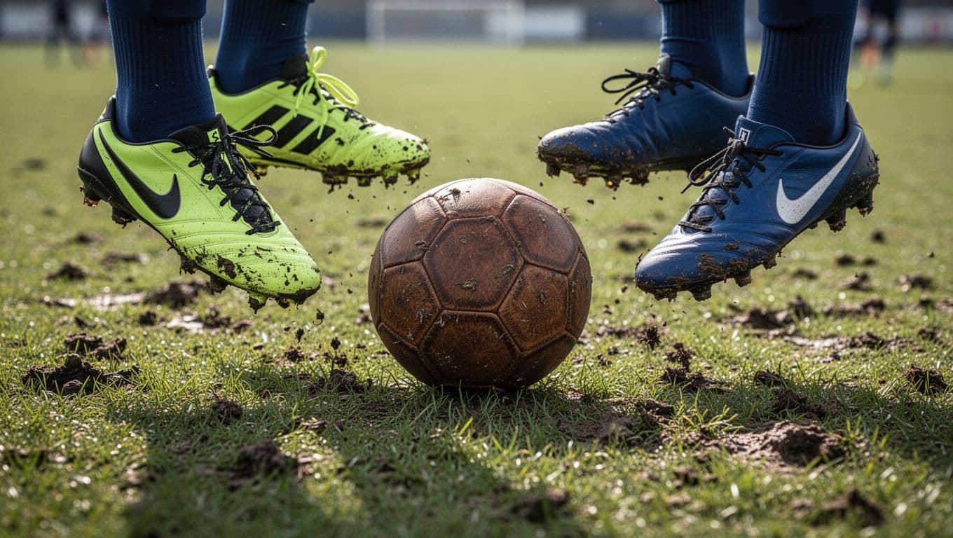 Two pairs of opposing football boots collide over a ball on a muddy grass pitch.