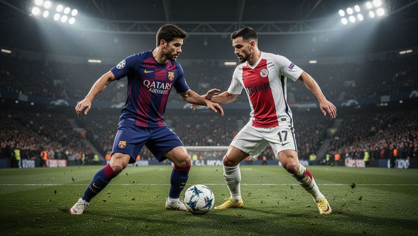 Three professional football players challenge for ball possession on a grass pitch under bright stadium lights.