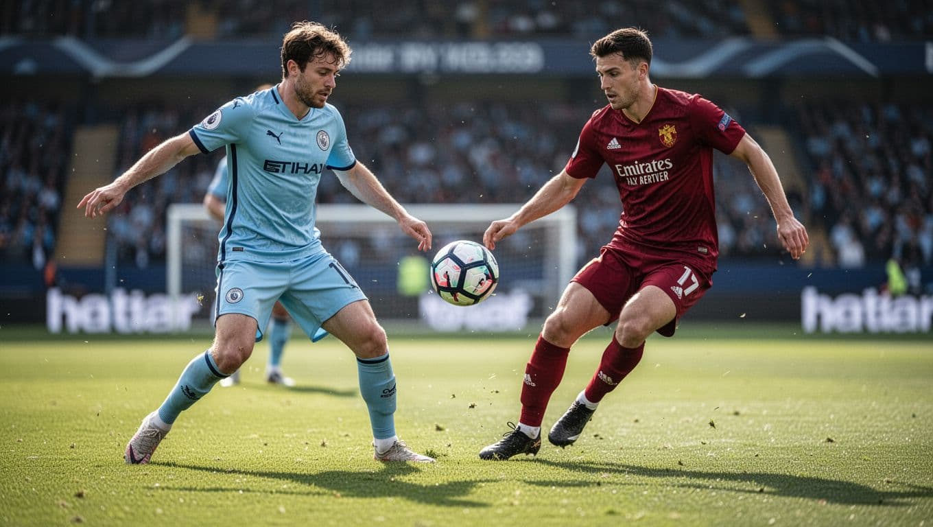 Two soccer players in blue and burgundy kits compete for possession on a lush green pitch.