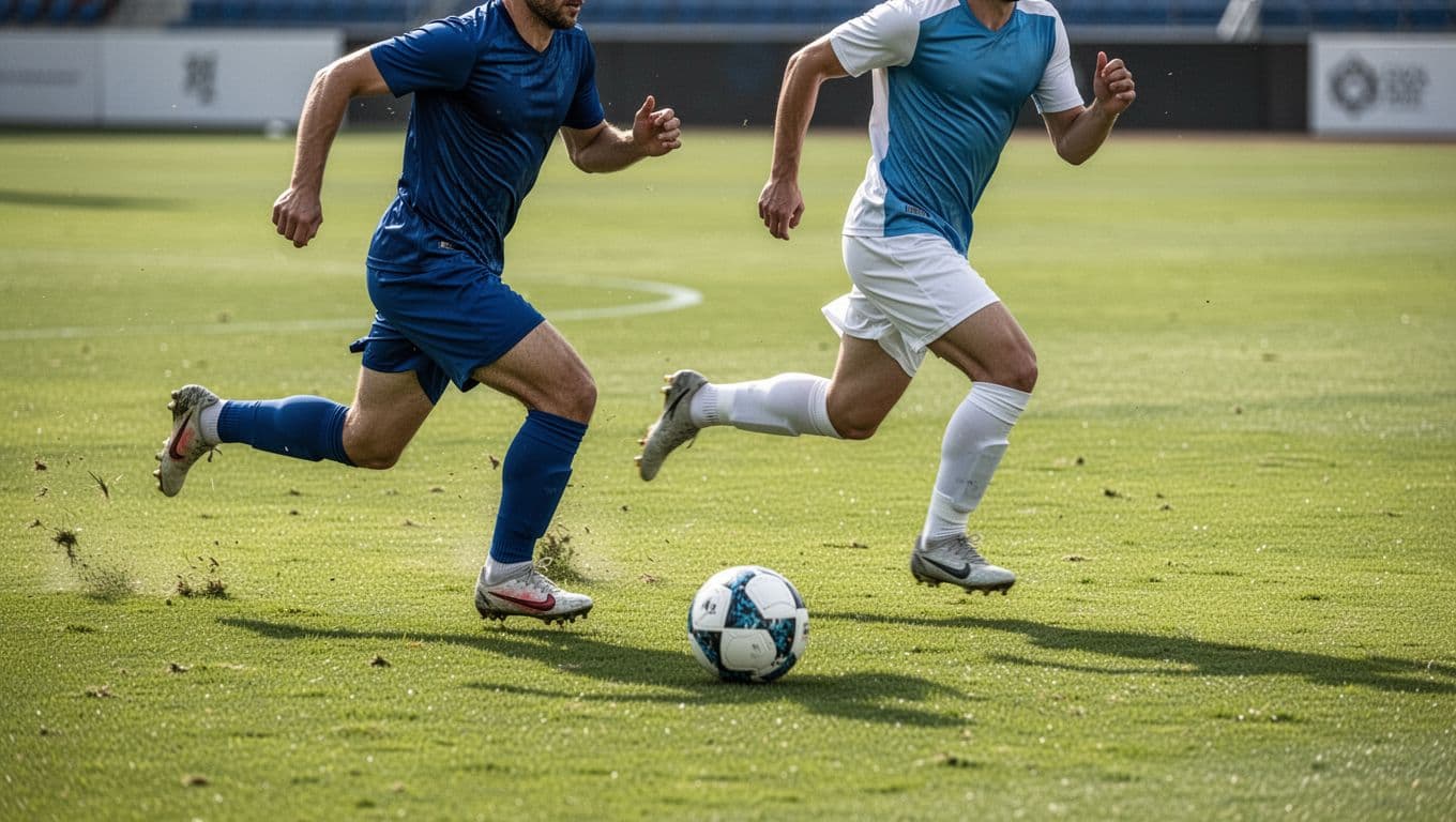 Two soccer players sprint across a grassy pitch to compete for ball possession.