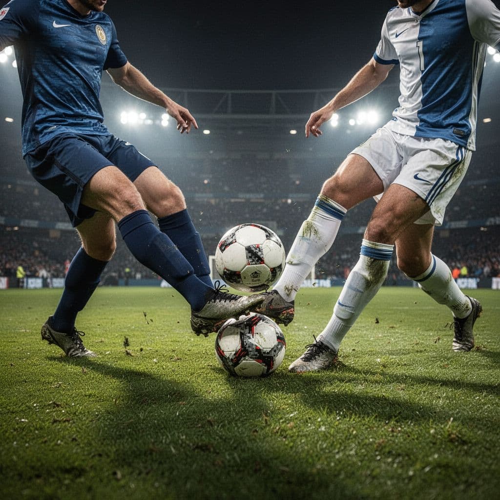 Two professional players scramble for ball possession on a vibrant green pitch. Bright stadium floodlights create high-contrast shadows around their cleats while the central ball remains the focal point of intensity.