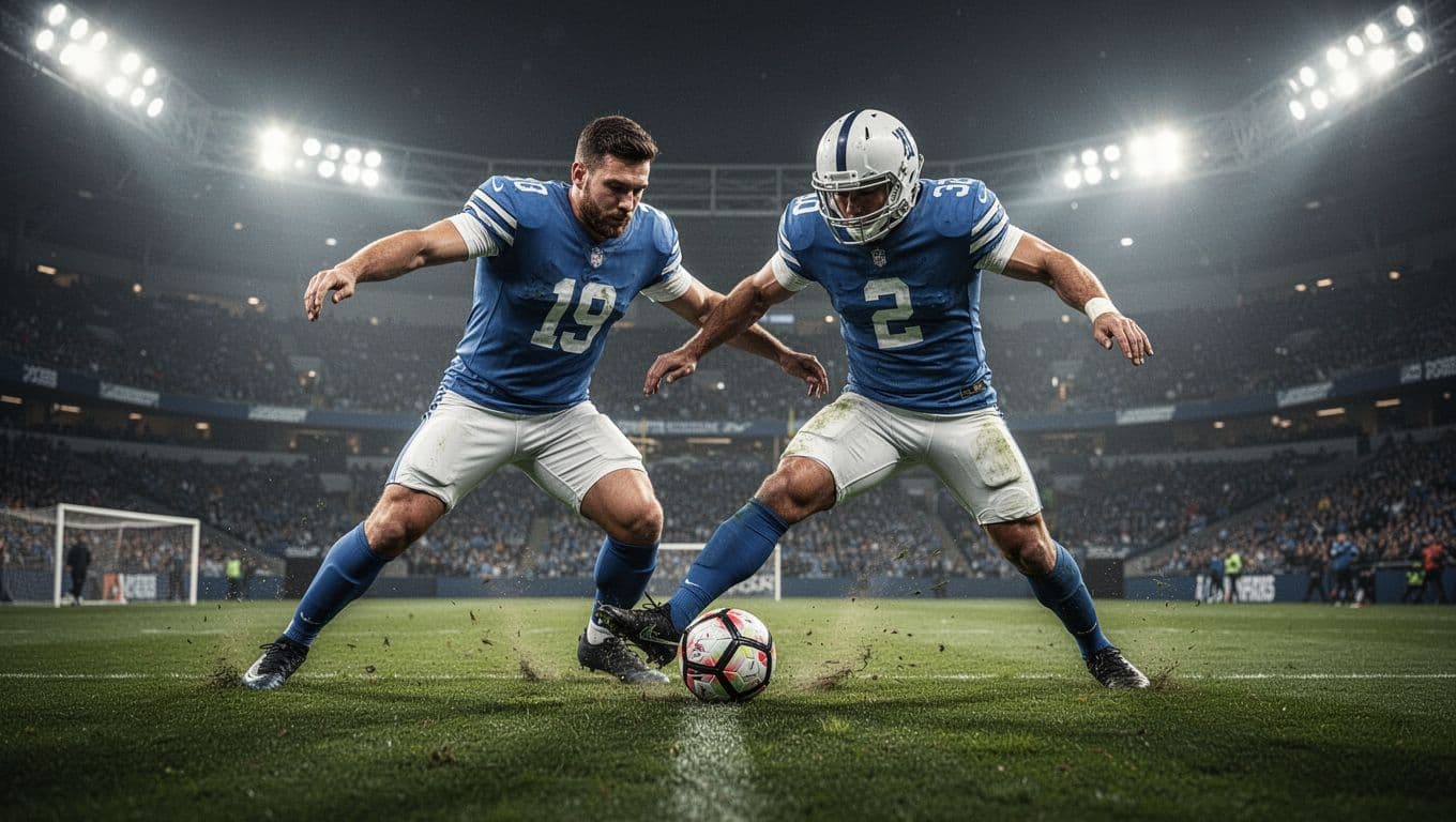 Two soccer players from opposing teams contest for ball possession on a professional grass field.
