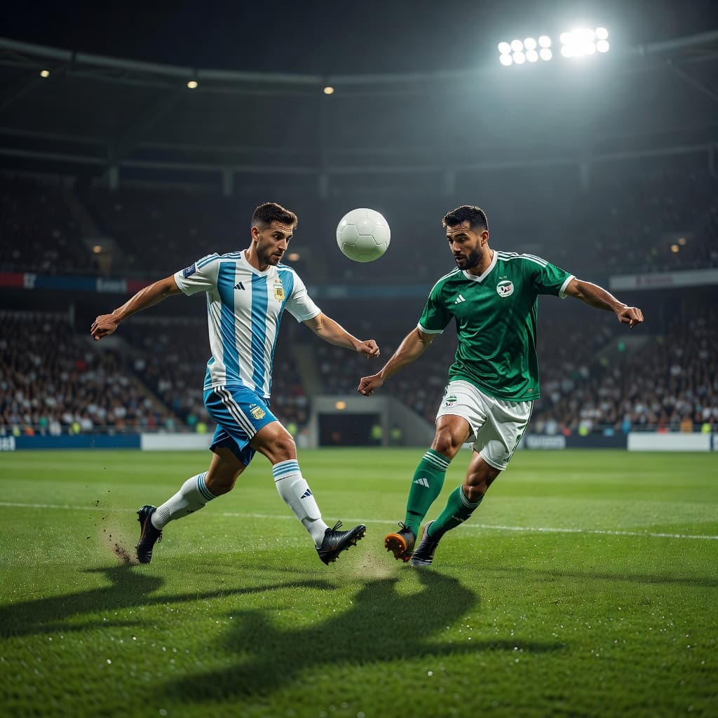 Two athletes from opposing teams scramble for possession of a white soccer ball on a lush green pitch. High stadium floodlights illuminate the grass under a dark evening sky.