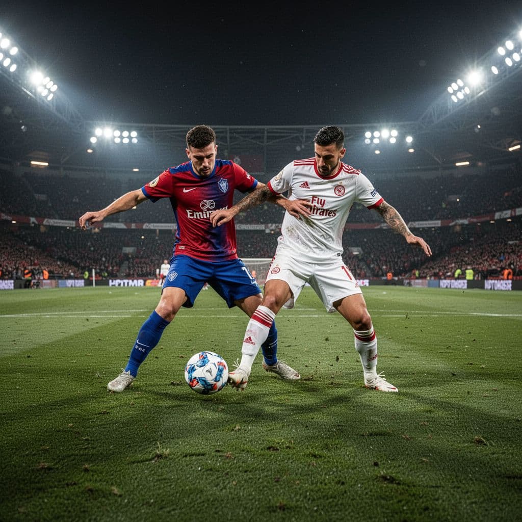 Two soccer players in red-blue and white-red kits challenge for possession in the center of a pitch. Powerful stadium floodlights illuminate their focused expressions during this intense first-half tactical duel.