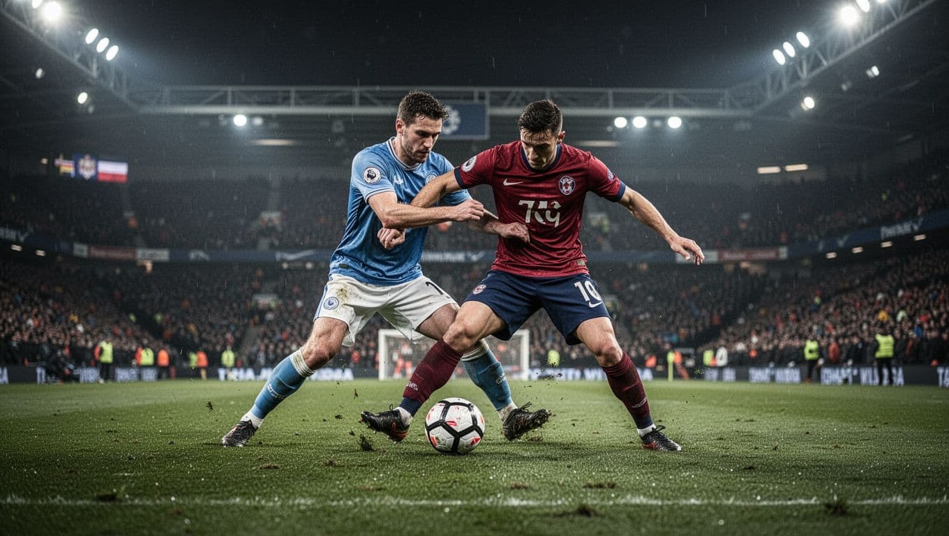 Two soccer players compete for ball possession during a tense match in a night-lit stadium.