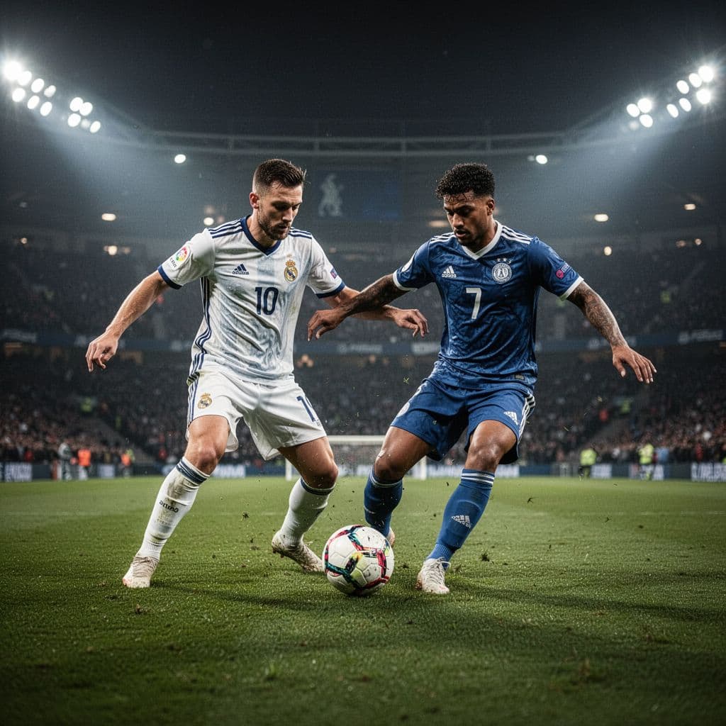 Two professional football players battle for ball control on a grass pitch under bright stadium floodlights.