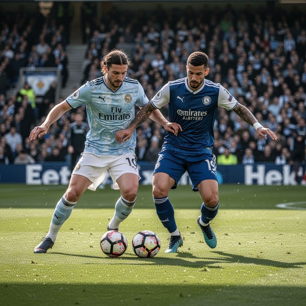 Two opposing soccer players compete for ball possession during a tense match in a crowded stadium.