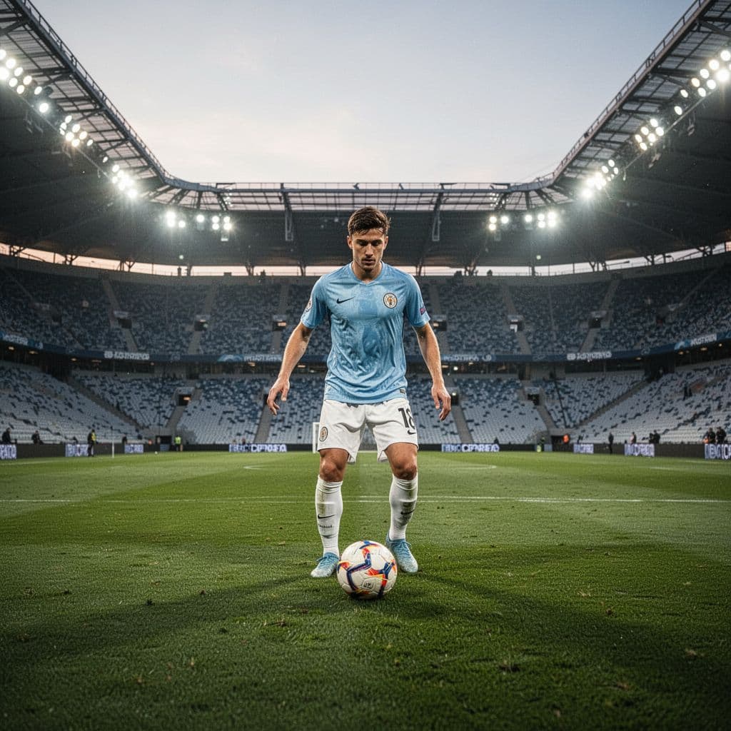A football player skillfully maneuvers the ball on a green pitch under bright stadium floodlights.