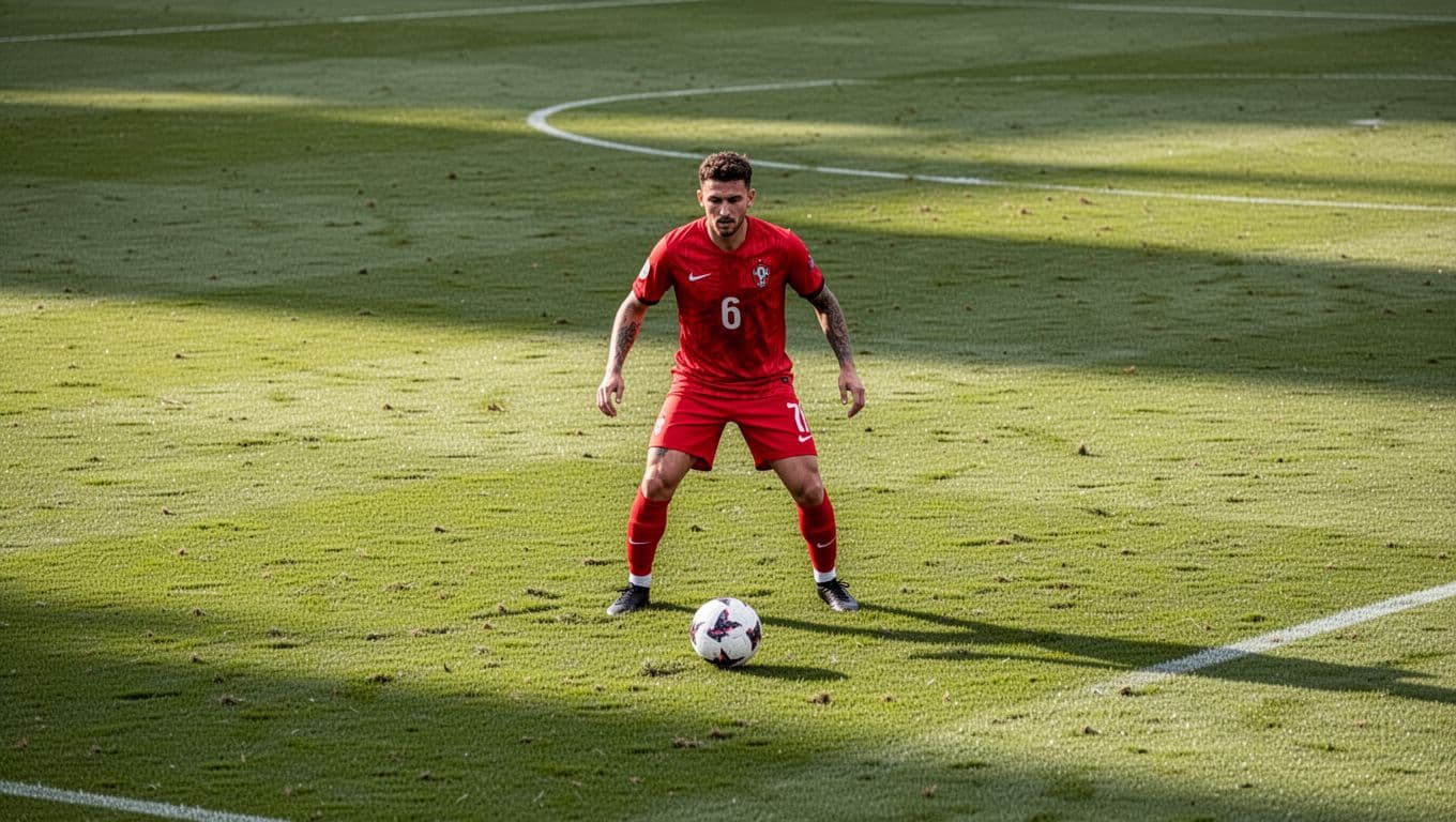 A soccer player in a red jersey stands on a green grass field preparing to receive a ball.