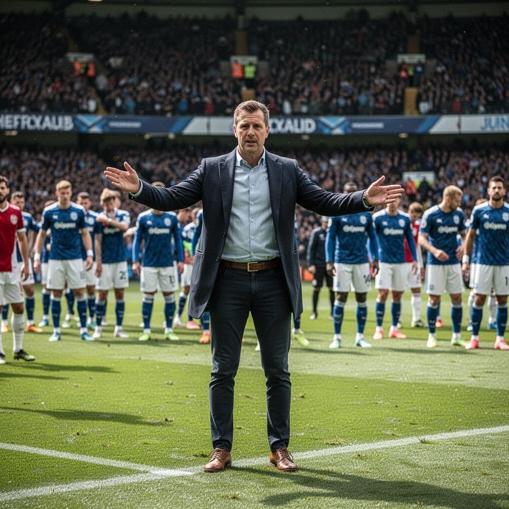 A football manager in smart-casual clothes gestures instructions to his team on a bright, crowded stadium pitch.