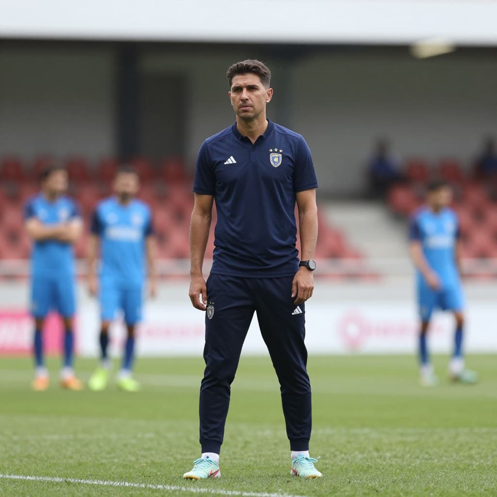 A focused young football coach stands on the sideline of a stadium during the day.