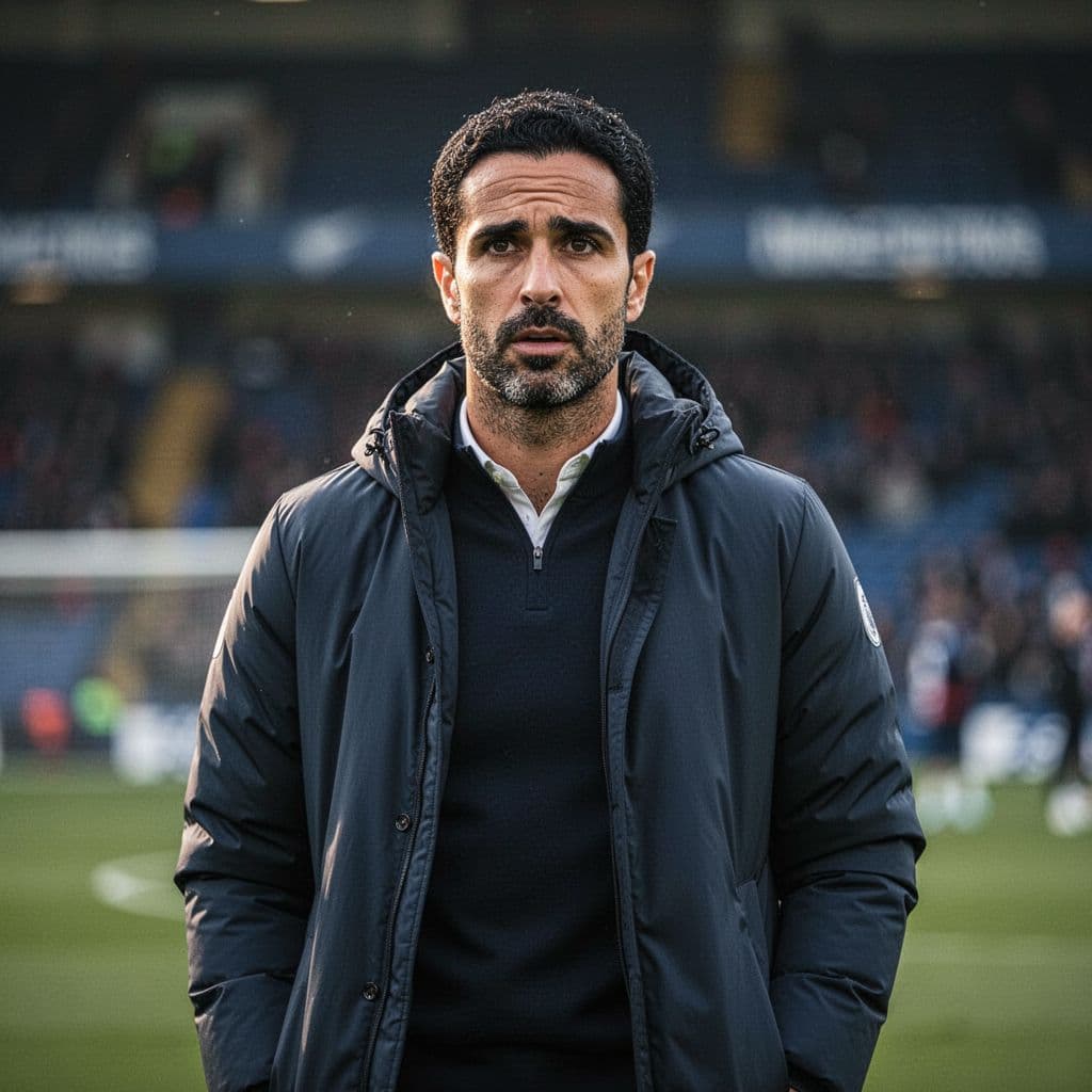 Mikel Arteta stands on the pitch sidelines with a concentrated expression during a match.