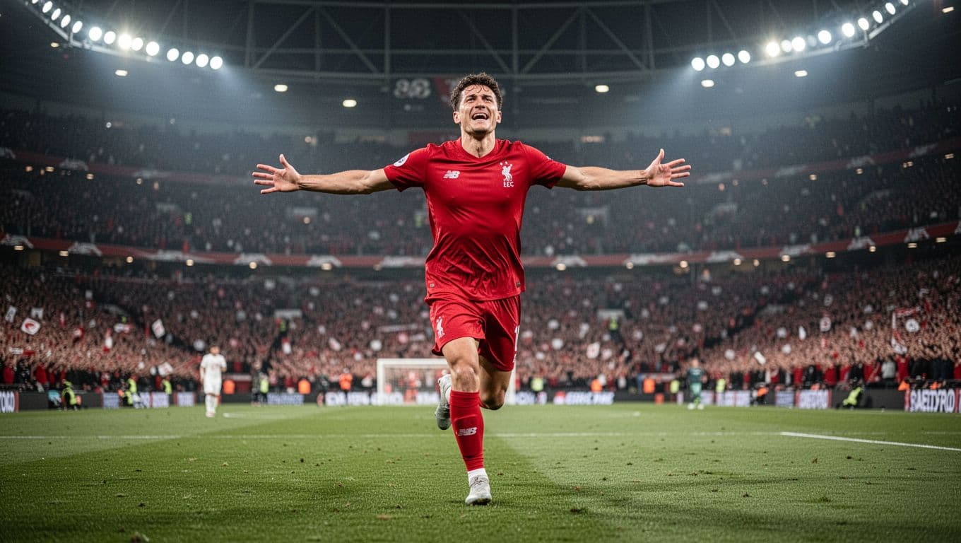 Seorang pemain sepak bola mengenakan jersey merah berlari dengan tangan terbuka di lapangan hijau. Lampu sorot stadion menyinari aksi selebrasi dramatis tersebut di hadapan ribuan penonton yang memenuhi tribun latar belakang.