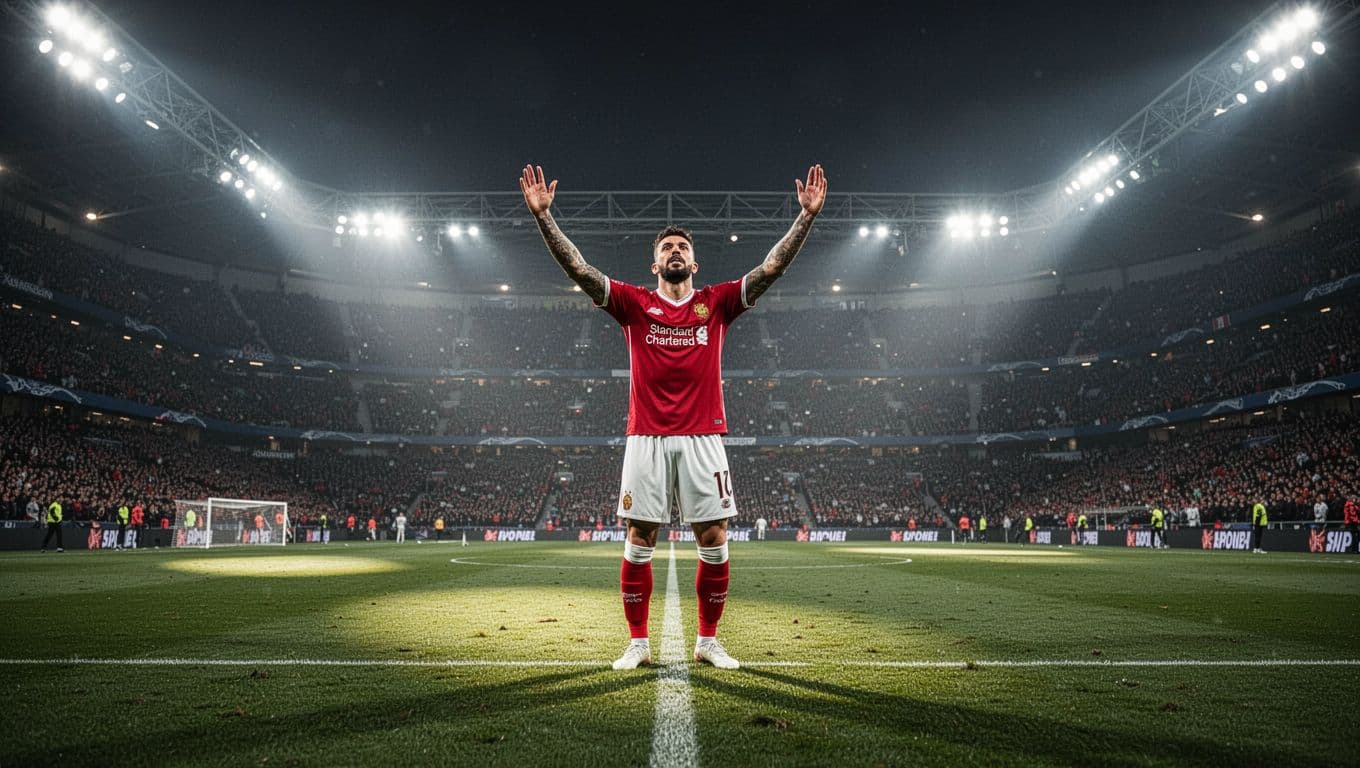 Pemain sepak bola mengenakan jersey merah berdiri di tengah lapangan stadion besar dengan tangan terangkat. Lampu sorot stadion yang dramatis menyinari lapangan rumput dalam foto sudut lebar yang sangat realistis ini.