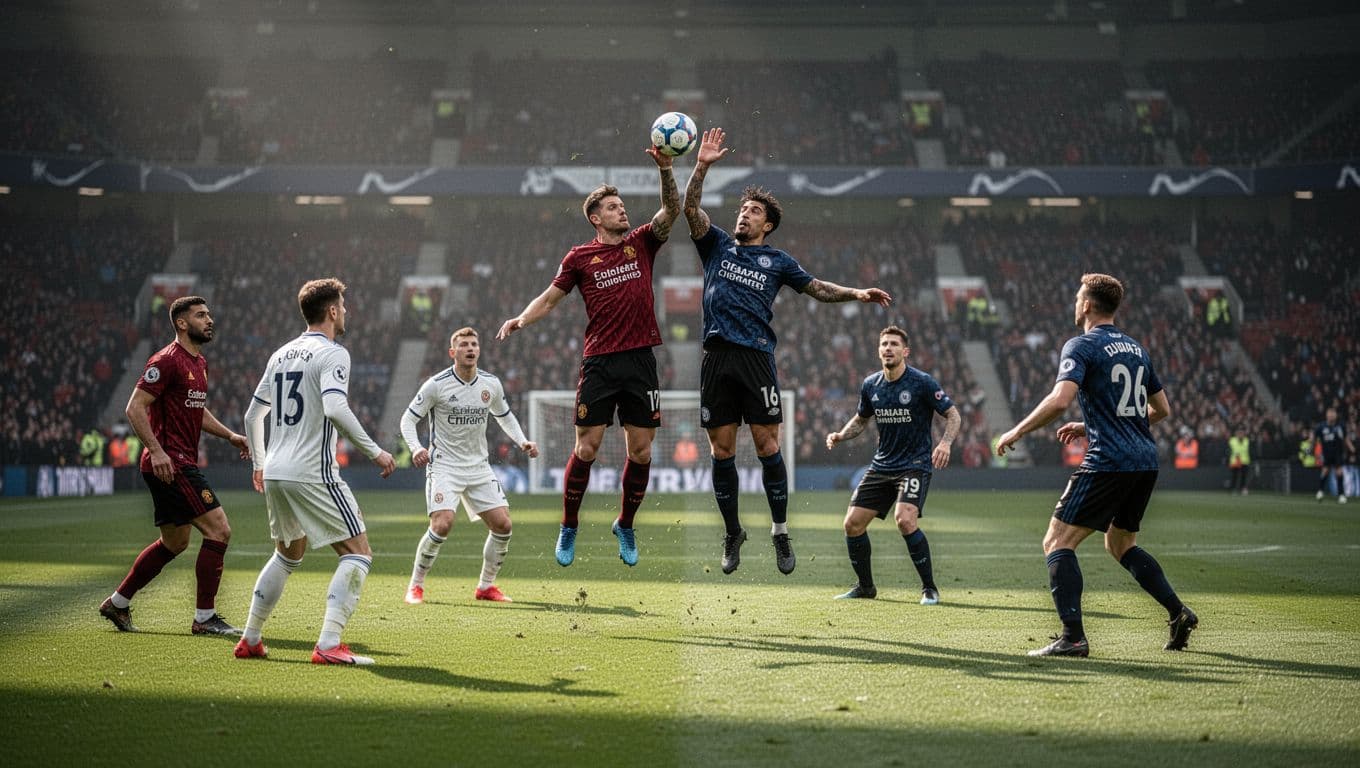Two players in red-black and blue-black kits jump for header in central midfield, four others position around on vibrant green pitch.