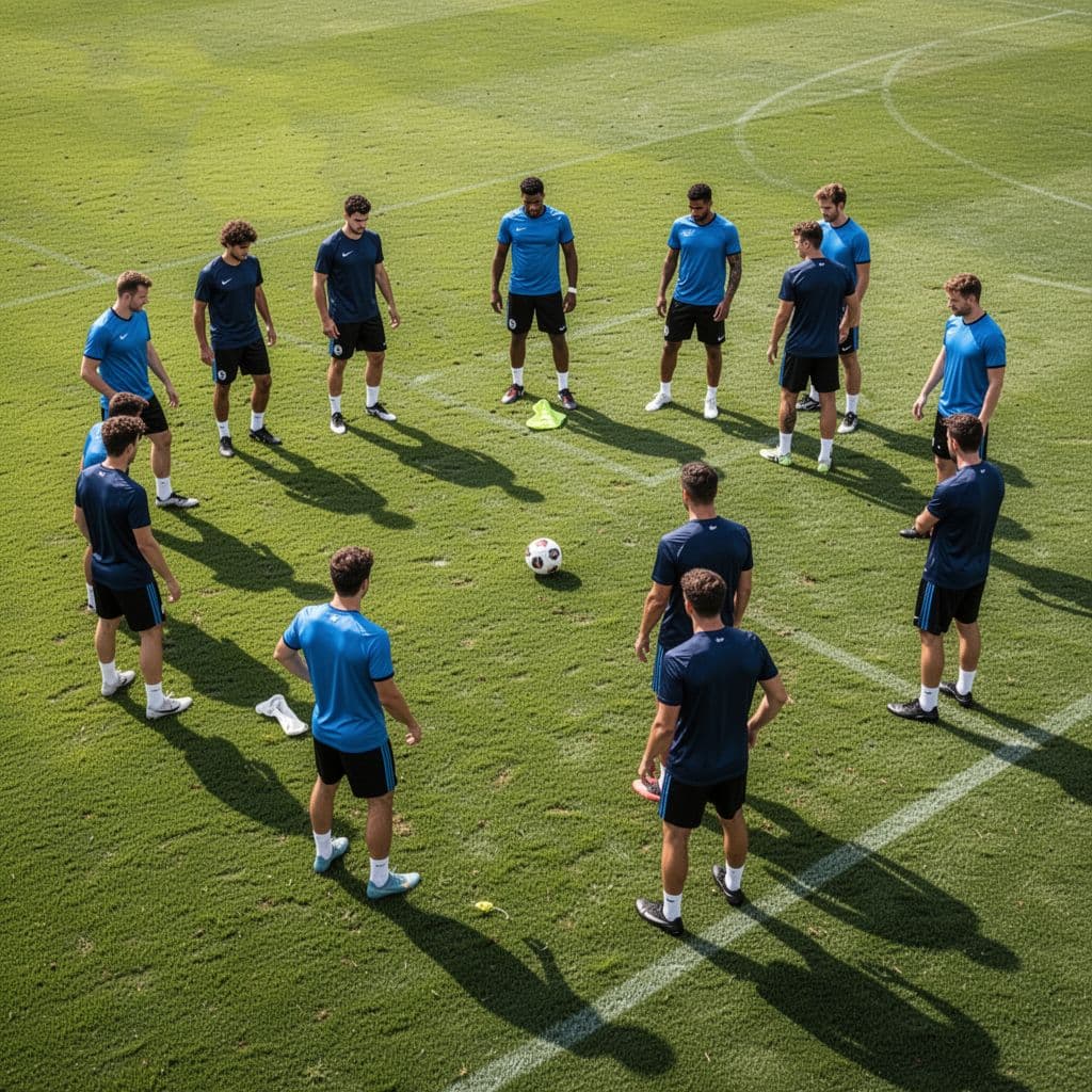 Eleven football players conduct a structured training session on a vibrant green grass pitch.