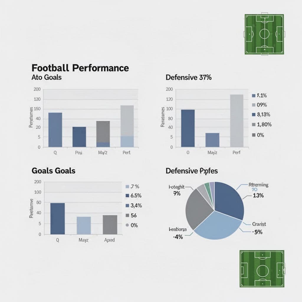 Simple bar and pie charts show goals and defense on clear background with football field icon in corner.