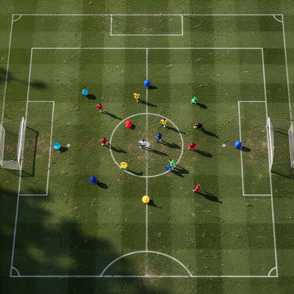 An overhead view of a clean football field featuring strategic player position markers.