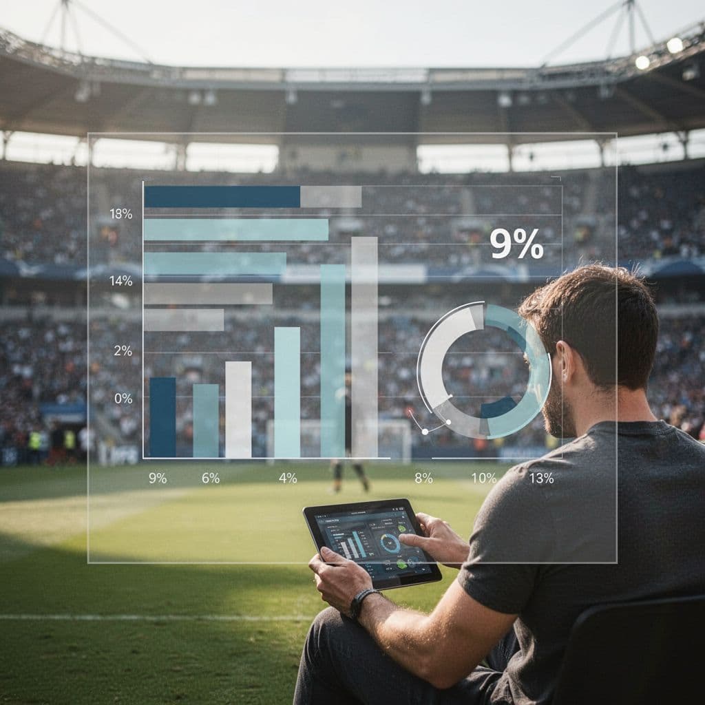 Clean bars and percentages overlay blurred stadium background with spectator viewing tablet.