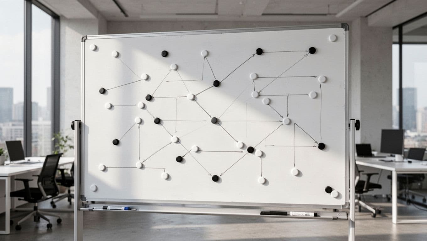 Clean white tactical board with simple lines, magnets, and markers in modern office.