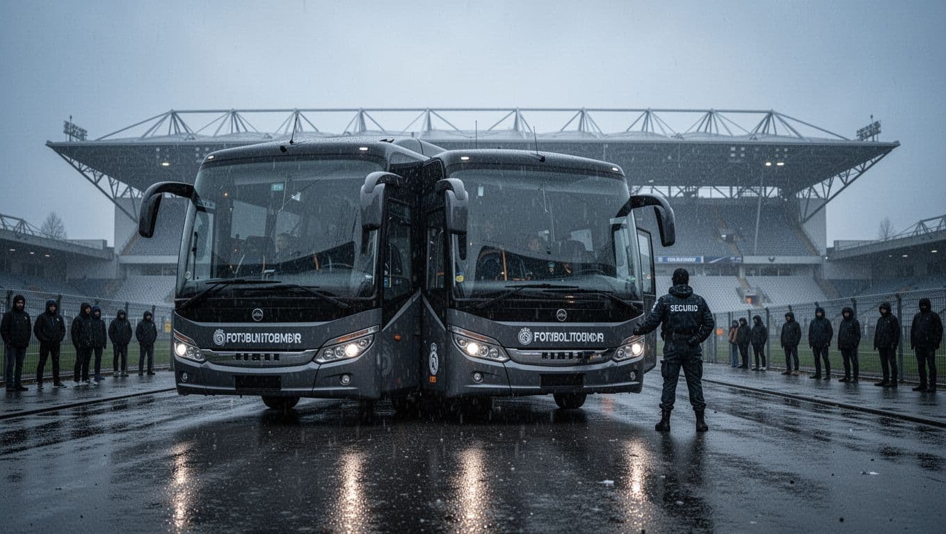 Mirassol FC team bus pulls up to Atletico-MG stadium in rain with one security guard.