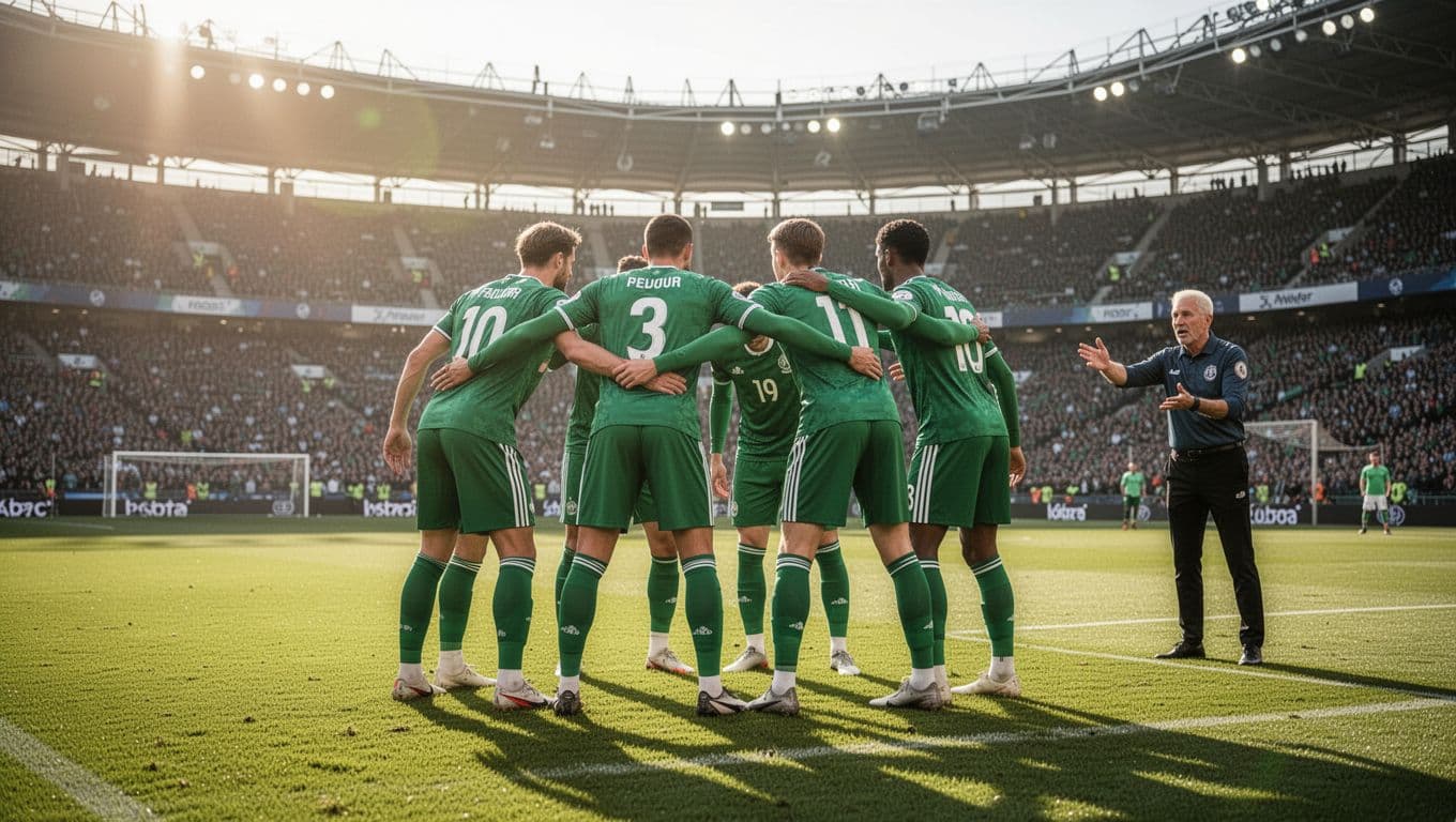 Four Mirassol FC defenders in green jerseys form a tight line on green field, coach points from sideline.