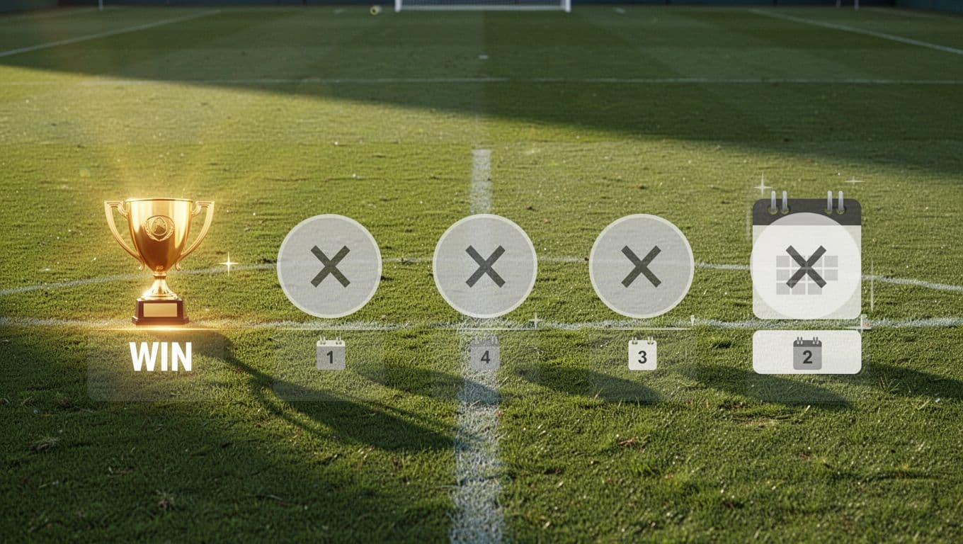 Horizontal timeline infographic of Mirassol FC's five recent matches with win and loss icons, scores, dates above, on green soccer field background.