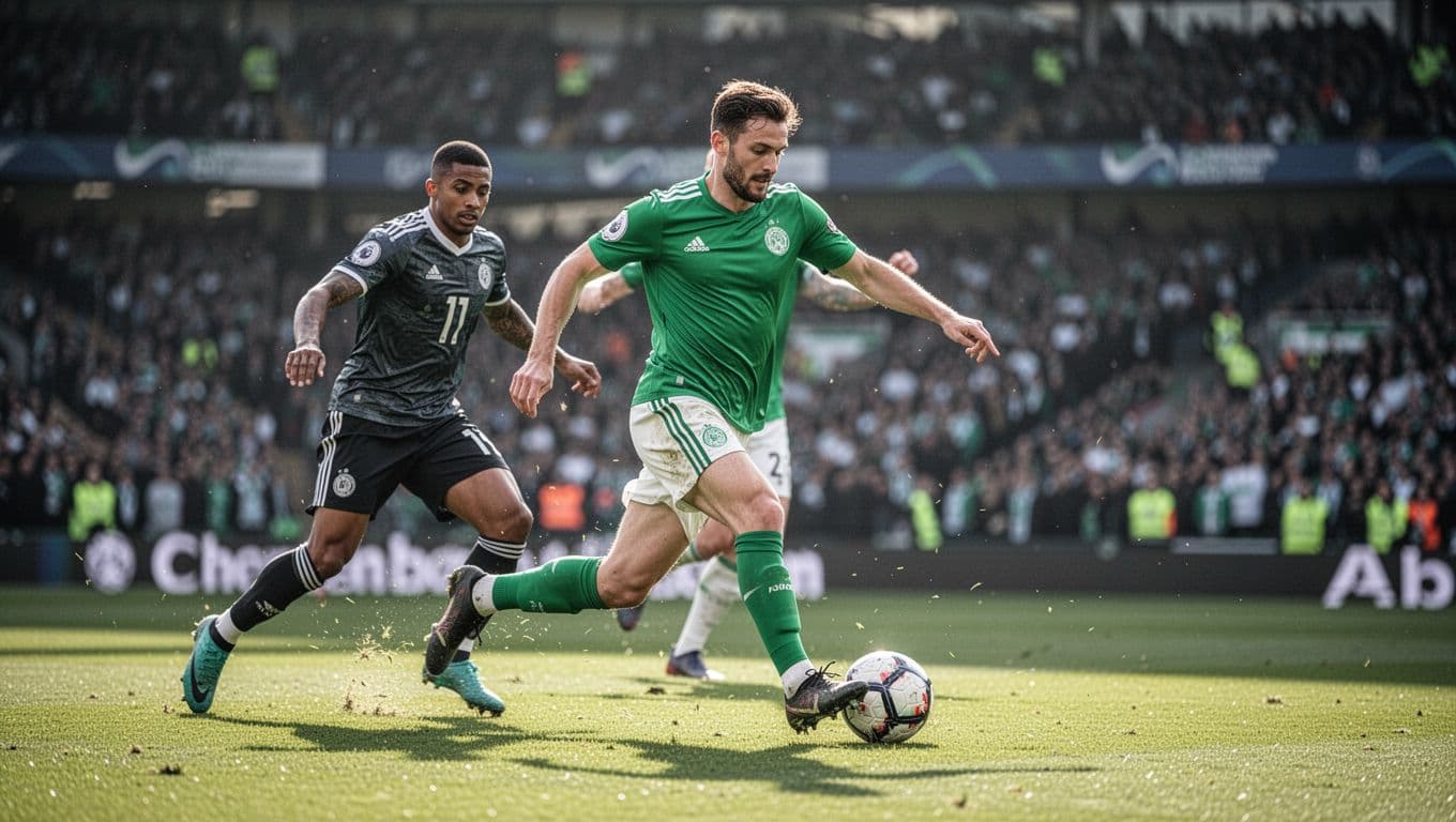 Mirassol FC player in green jersey dribbles past opponent with confident expression in blurred stadium.