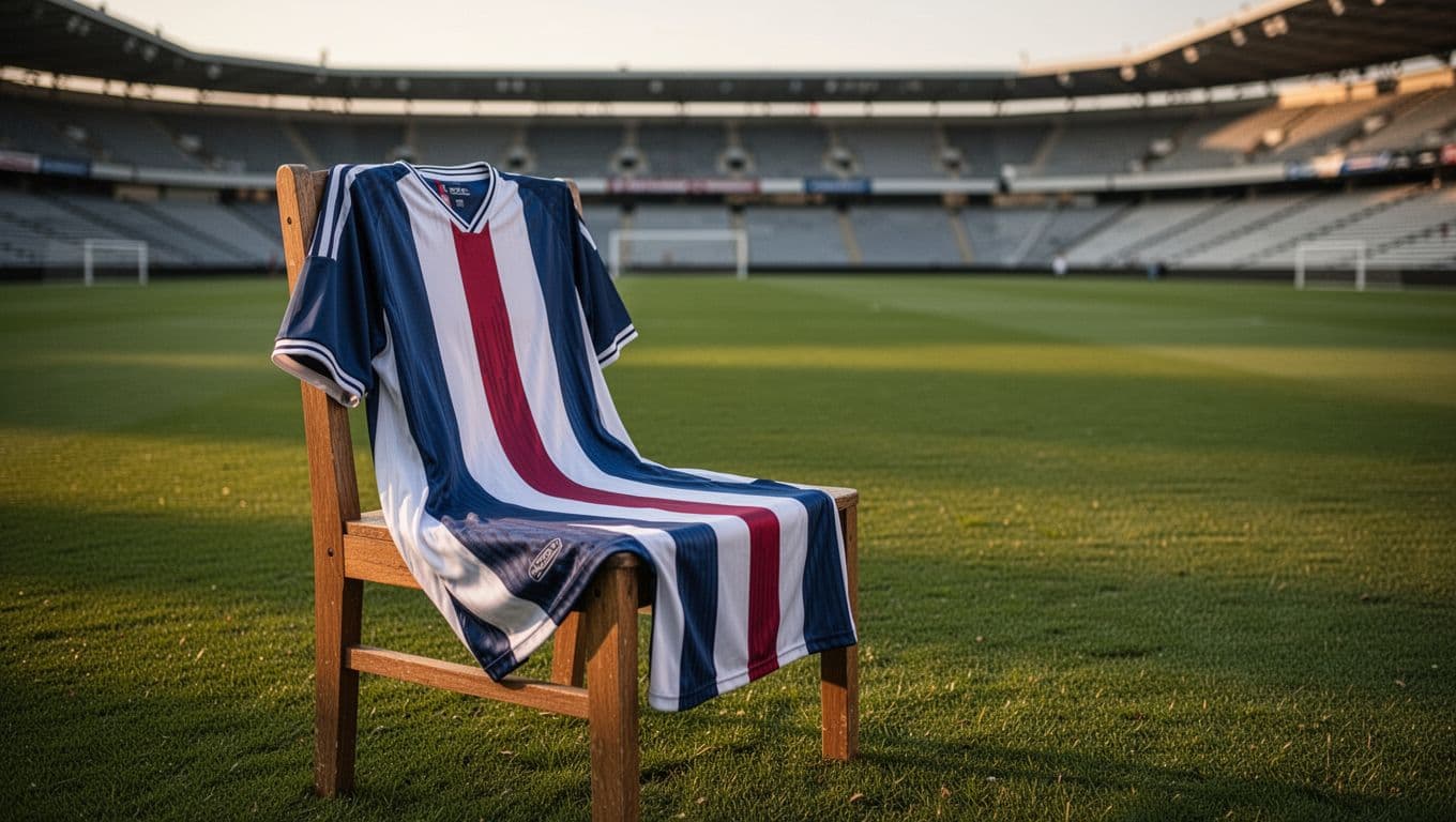 Green soccer pitch with distant stadium seats, match icons for opponents, jersey draped over chair under warm evening lights.