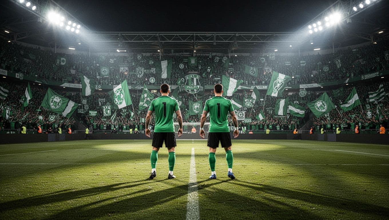 Packed stands filled with green Mirassol fans waving flags under floodlights, two players warming up on pitch from behind.