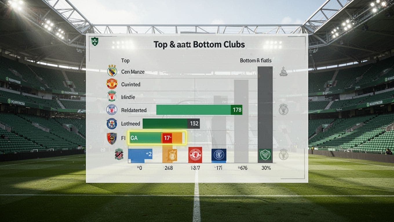 Bright infographic bar chart of Brazilian Serie A standings with Mirassol at 17th, top and bottom teams shown on green stadium background.