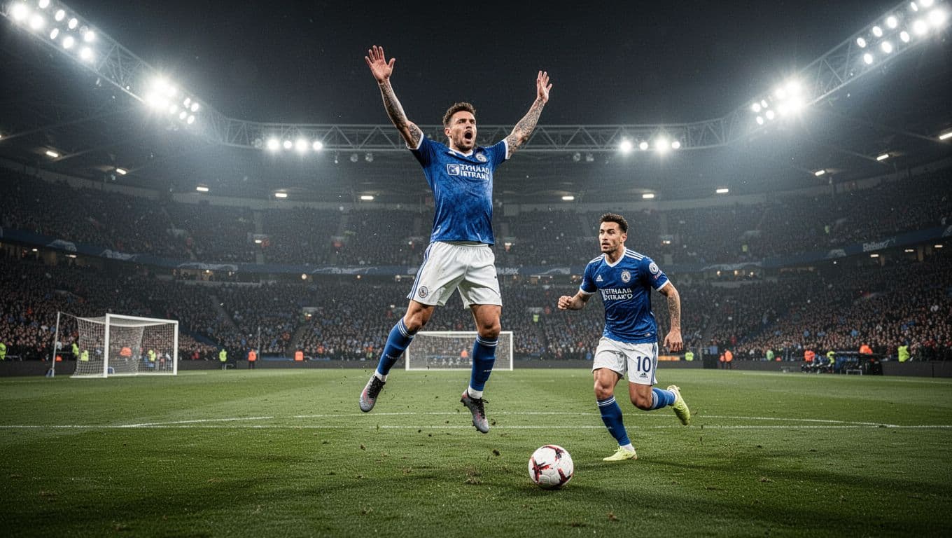Mirassol FC striker raises arms celebrating goal with teammates rushing in under floodlit green stadium.