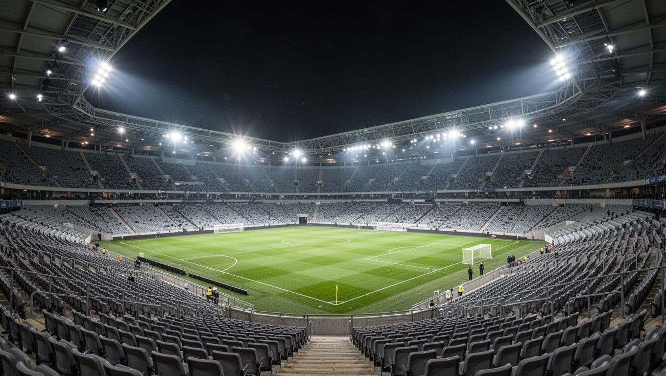 A wide angle view of a vacant football stadium illuminated by bright floodlights under the night sky.