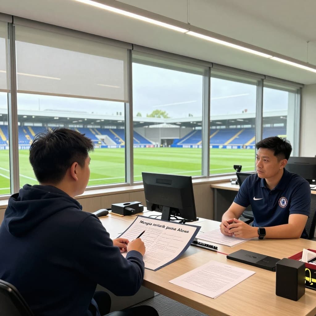 A man in a suit analyzes tactical plays on a whiteboard inside a minimalist football management office.