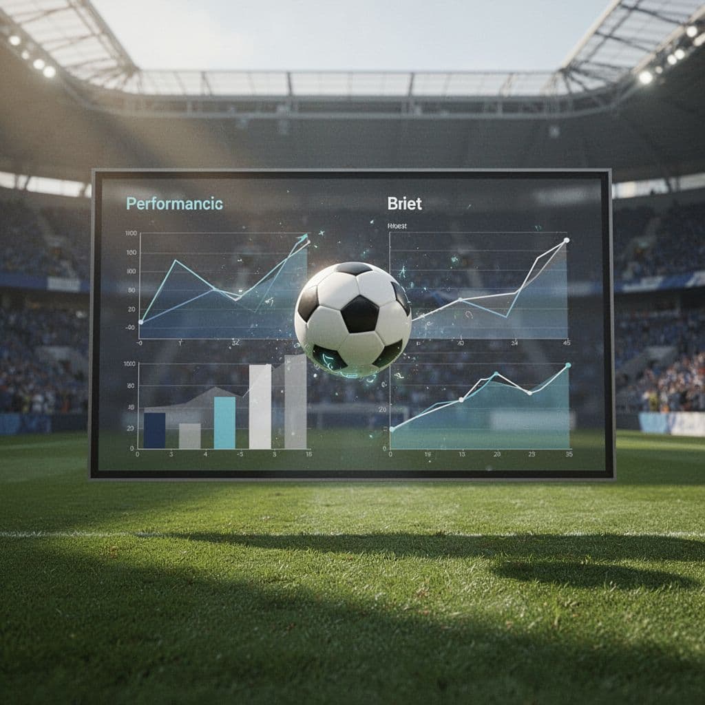 A digital scoreboard displays performance graphs and statistics for two soccer teams against a blurred stadium background.