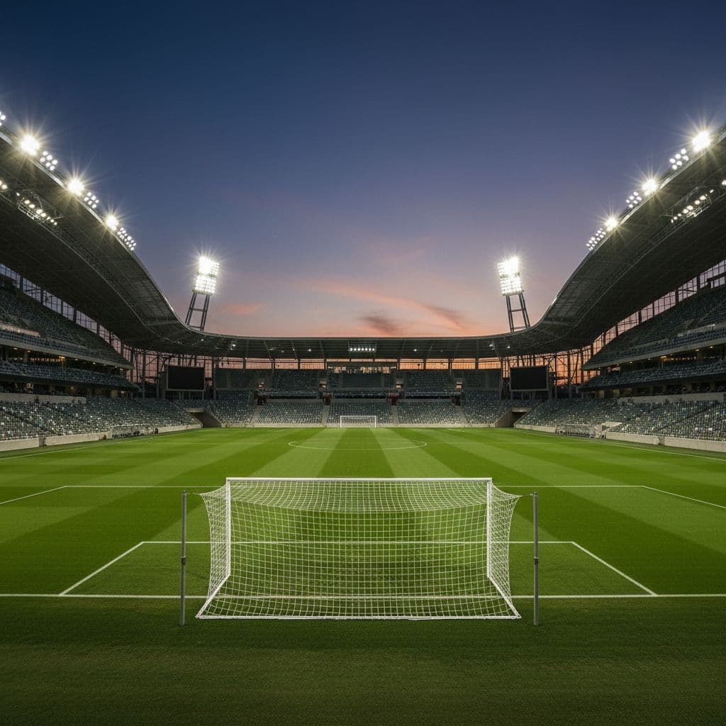 A wide view of an empty professional football pitch under illuminated stadium floodlights at twilight.