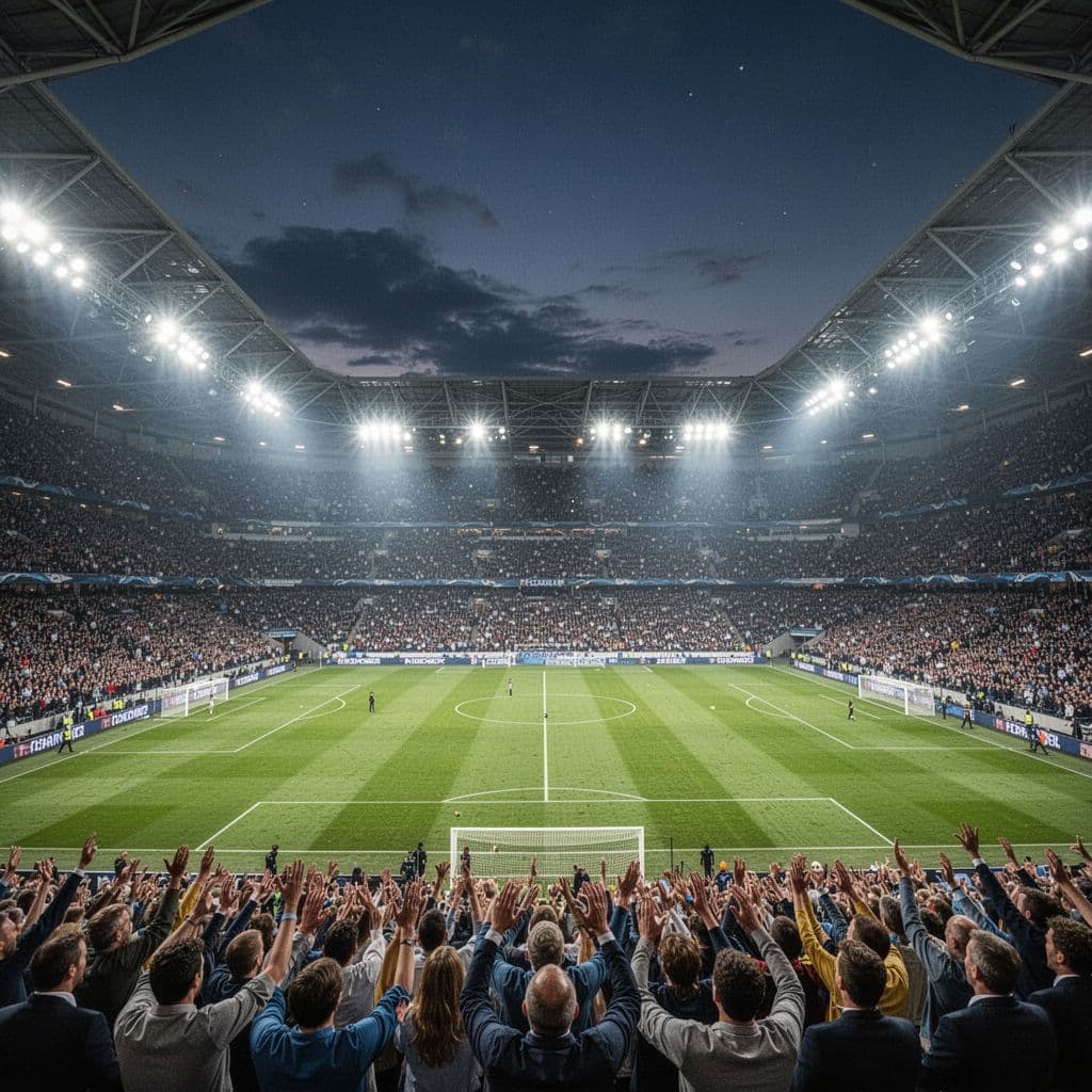 A massive, illuminated football stadium filled with cheering fans during a night match.