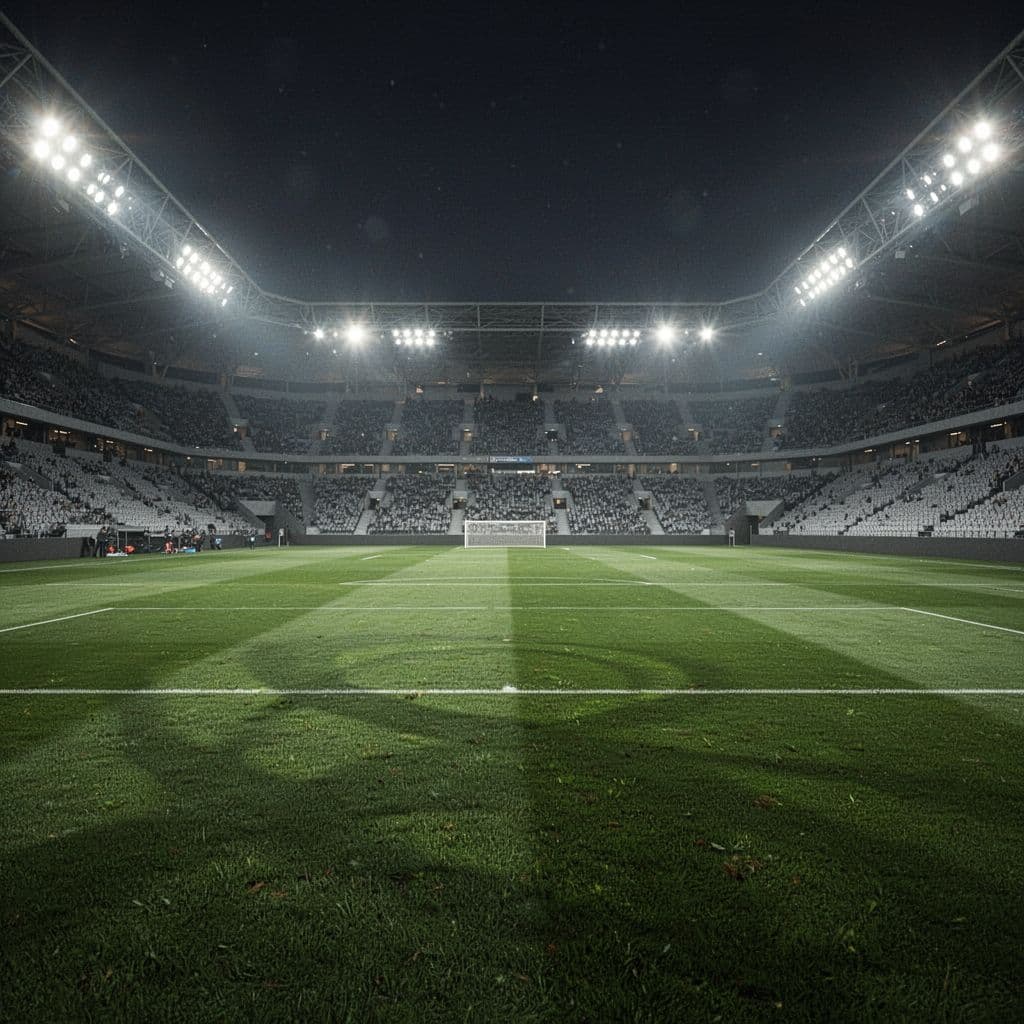An empty, brightly lit football stadium field viewed at night under dramatic artificial lighting.